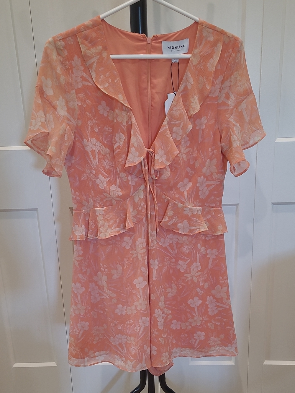 HIGHLINE COLLECTIVE Coral Floral Ruffle Tie-Front Romper